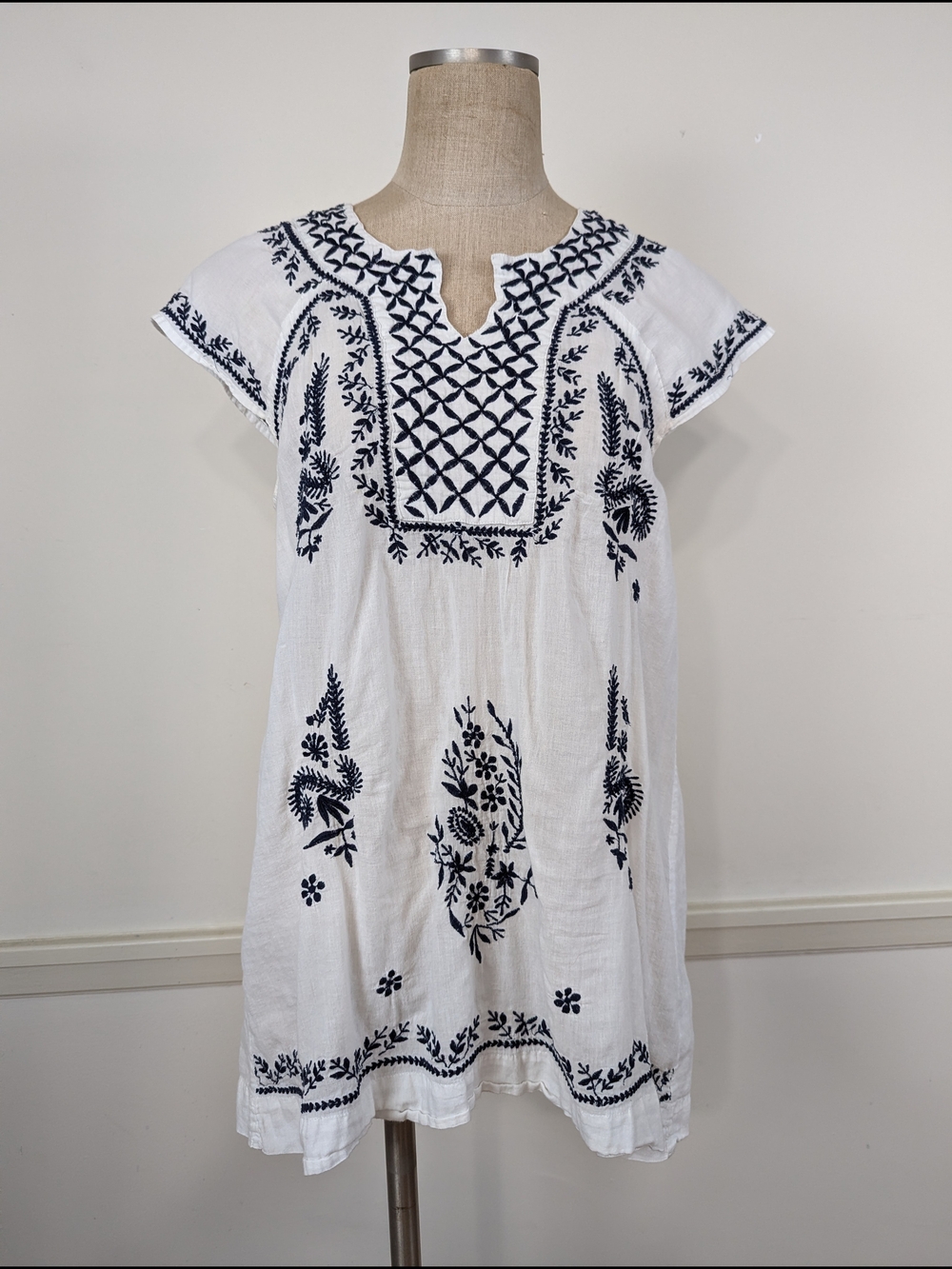 White Embroidered Tunic with Navy Floral Detailing